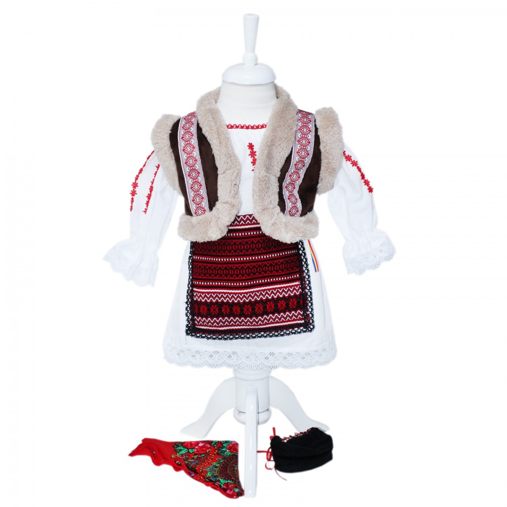 Costum popular de fetite pentru botez cu vesta imblanita, 5 piese, alb-rosu, REC1606