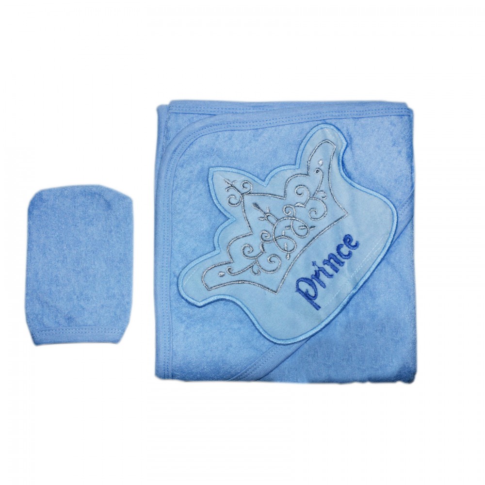 Prosop cu capison si manusa pentru bebelusi, prince, albastru, 90x90 cm, REC1638
