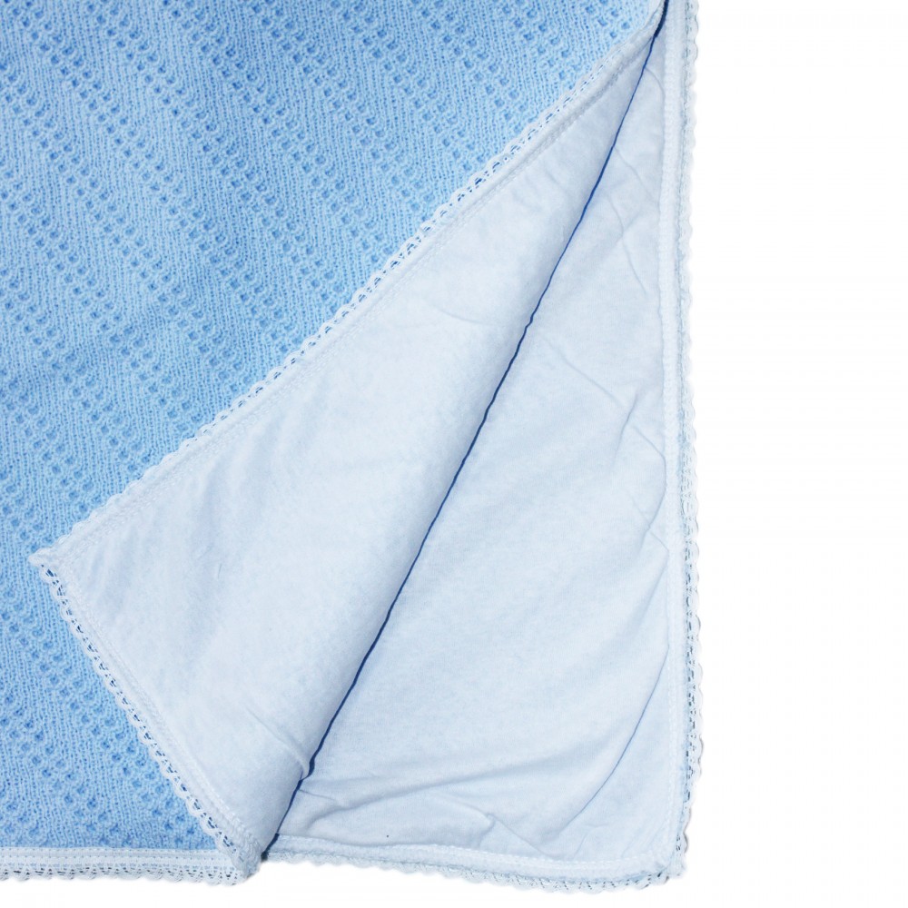 Paturica tricotata dublata pentru bebelusi, acril-bumbac, albastru, 75x75 cm, REC1653