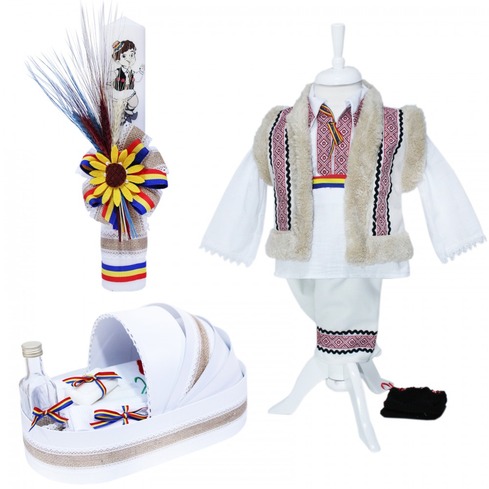 Set complet pentru botez, costum popular alb-rosu cu vesta imblanita, lumanare traditionala si trusou, 12 piese, REC1664