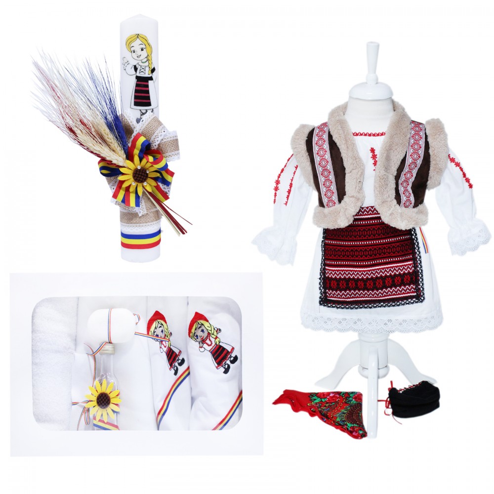 Set complet pentru botez, costum popular alb-rosu cu vesta imblanita, lumanare traditionala si trusou, 13 piese, REC1666