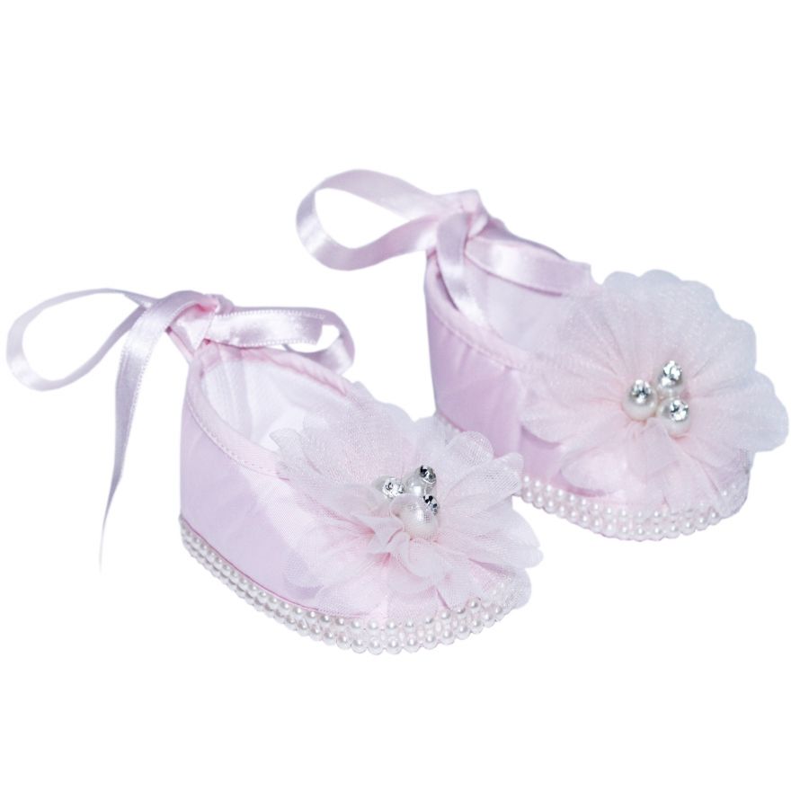 Pantofiori roz cu floricica si bareta pentru botez, REC852