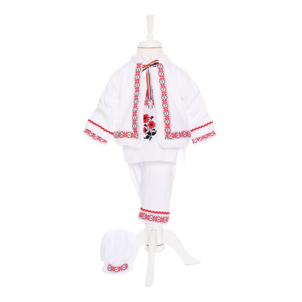 Costum popular alb-rosu, 4 piese, haina groasa, camasa, pantaloni, caciulita pentru baieti, REC1844