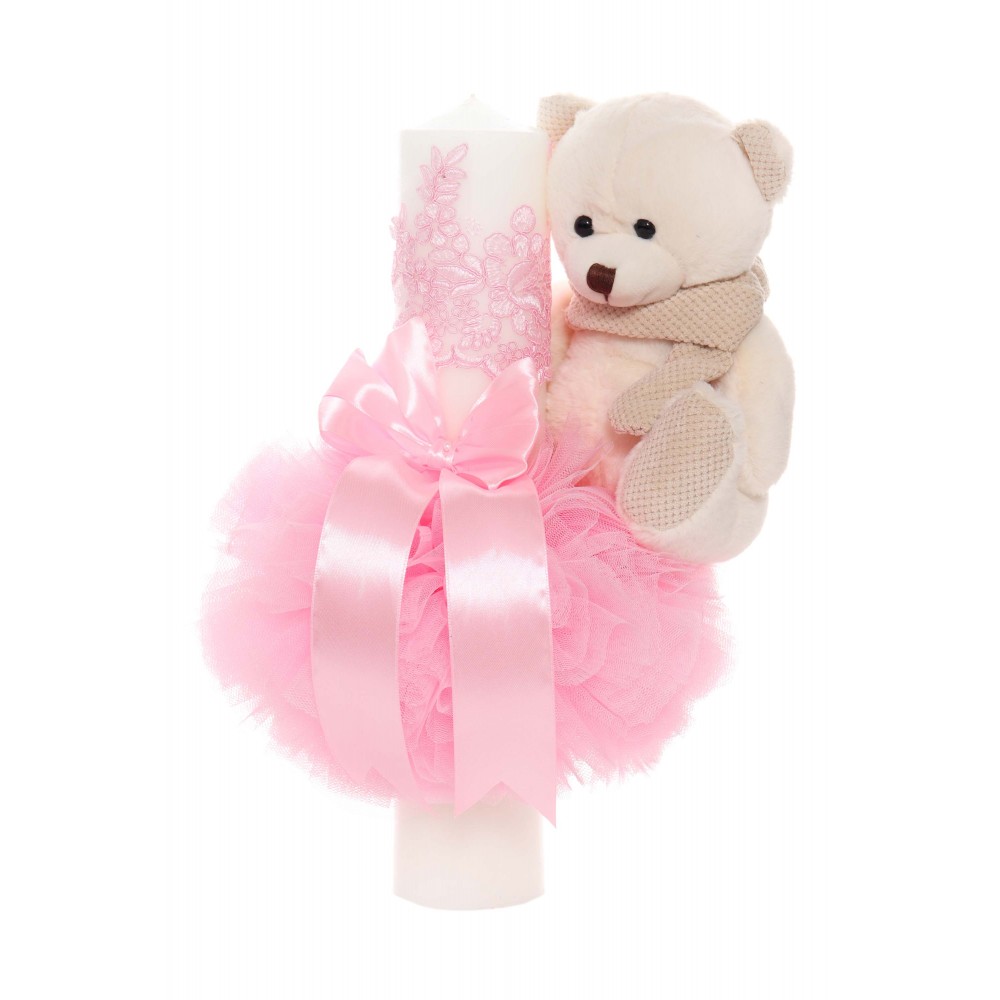 Lumanare botez cu tulle roz tip glob si cu ursulet de plus atasat, 35x7 cm, Recostore, REC1855