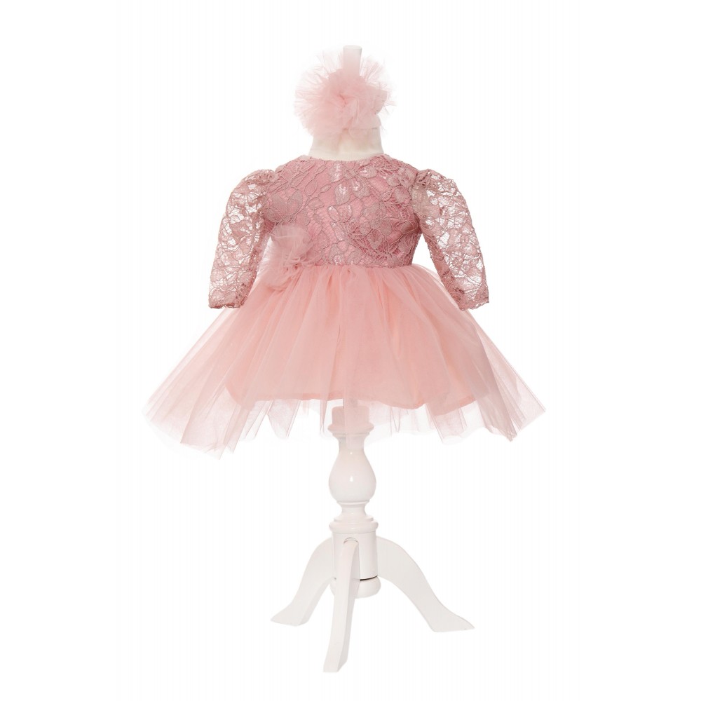 Rochie cu dantela roz pudrat pentru botez, 2 piese, rochie, bentita, Recostore, REC2014