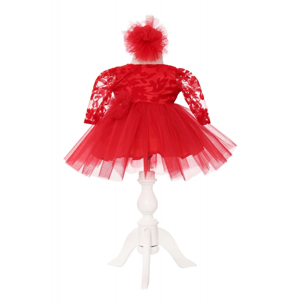 Rochie rosie cu dantela pentru botez de fete, 2 piese, rochie, bentita, Recostore, REC2018