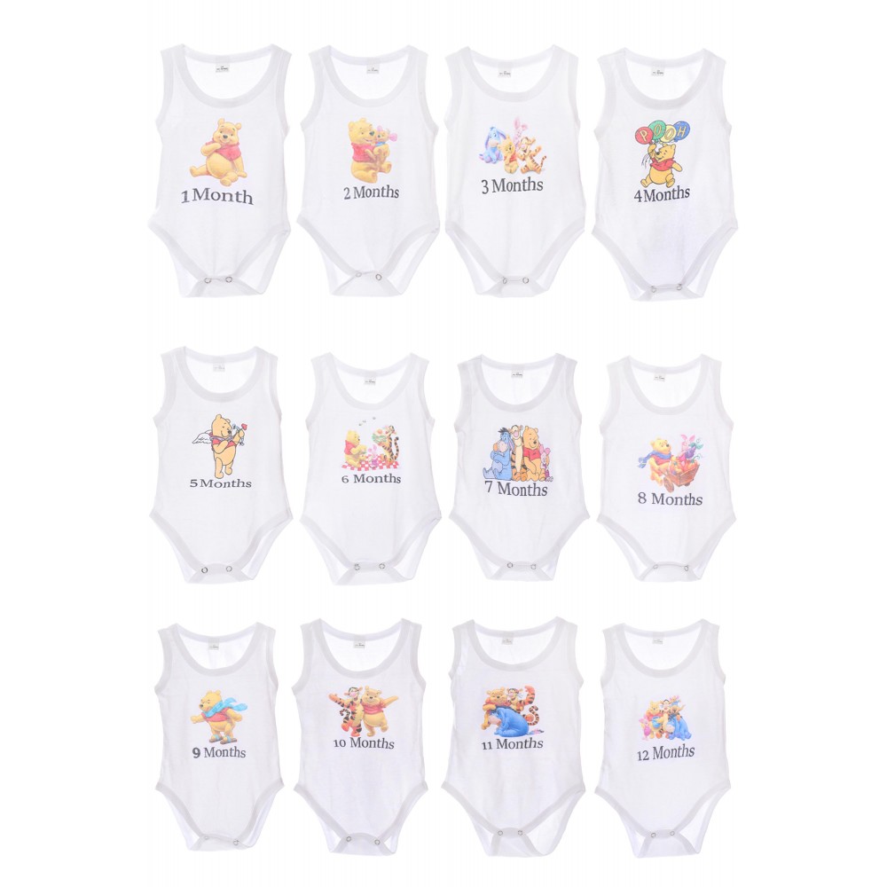 Set 12 body-uri aniversare pentru bebelusi, Winnie The Pooh, Recostore, REC2028, 1-12 luni