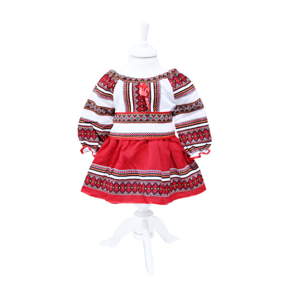 Costum popular, alb-rosu, 3 piese, bluza, fusta, brau, pentru fetite REC5