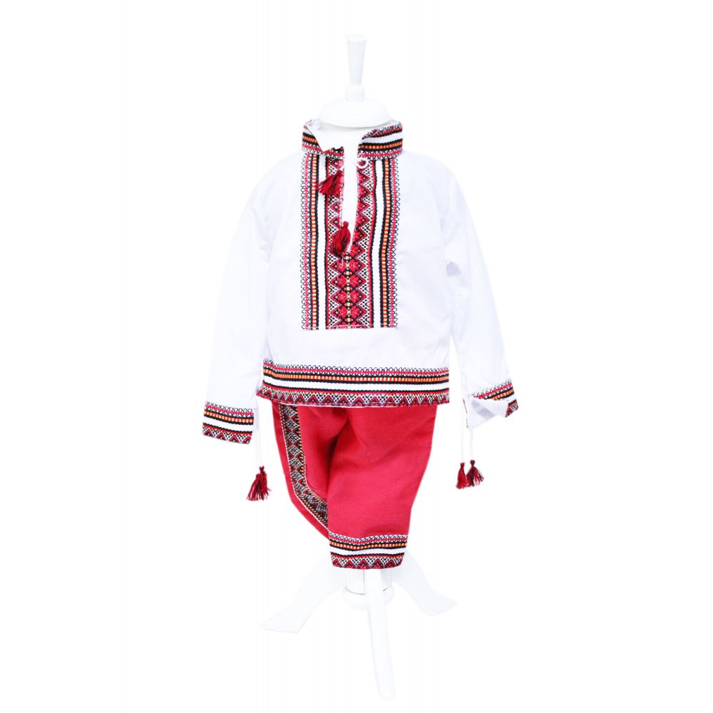 Costum popular de culoare alb-rosu, alcatuit din 2 piese: bluza si pantaloni.