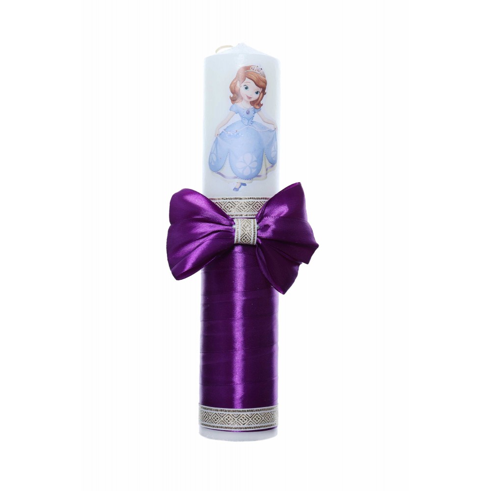 Lumanare botez cu Printesa Sofia accesorizata panglica mov, 30 cm, Recostore®, REC2198