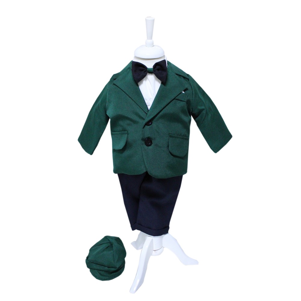 Costum verde pentru botez, 5 piese, camasa, papion, pantaloni, sacou, bascuta pentru baieti, REC46