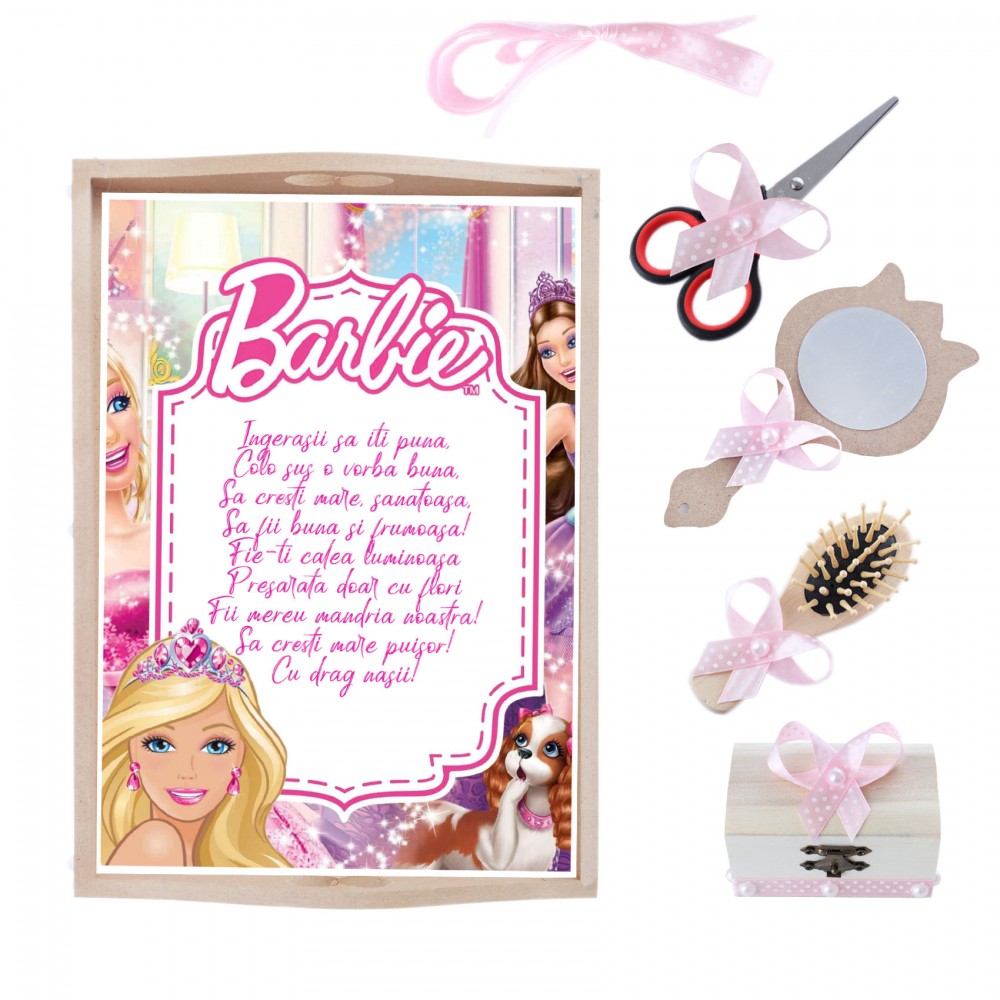 Set tava pentru taiere mot/turta la fete, model Barbie, roz, 6 piese, 35x20 cm, Recostore®, REC1967/165