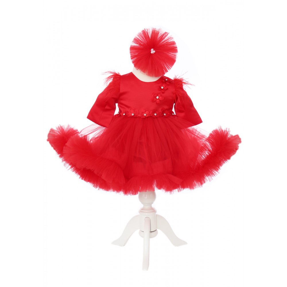 Rochita de culoare rosie cu aplicatii in talie si bust pentru botez de fete, 2 piese, Recostore®, REC2530