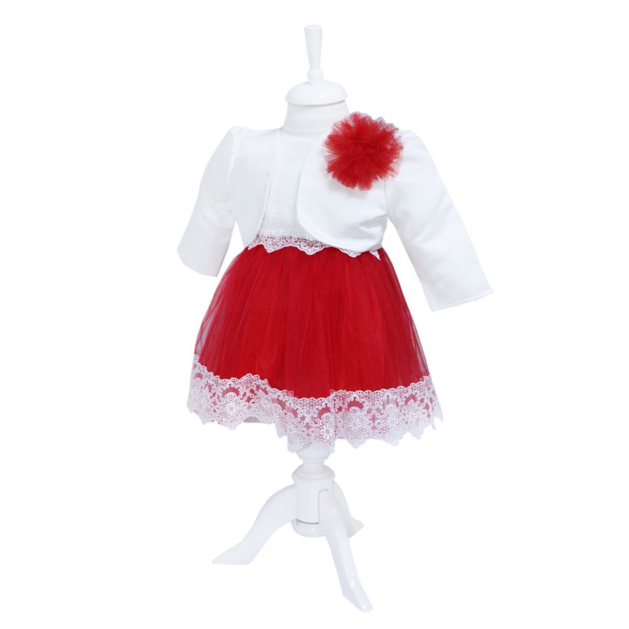 Rochie alb-rosie cu volane din tulle si aplicatii din dantela pentru botez, 3 piese, rochie, bolero, bentita, REC342