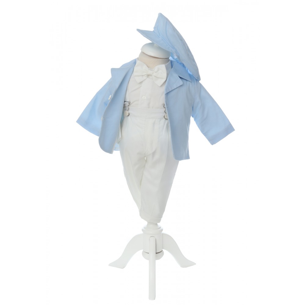 Costum botez baieti, model cu bretele, bleu compus din 5 piese, Recostore®, REC2602