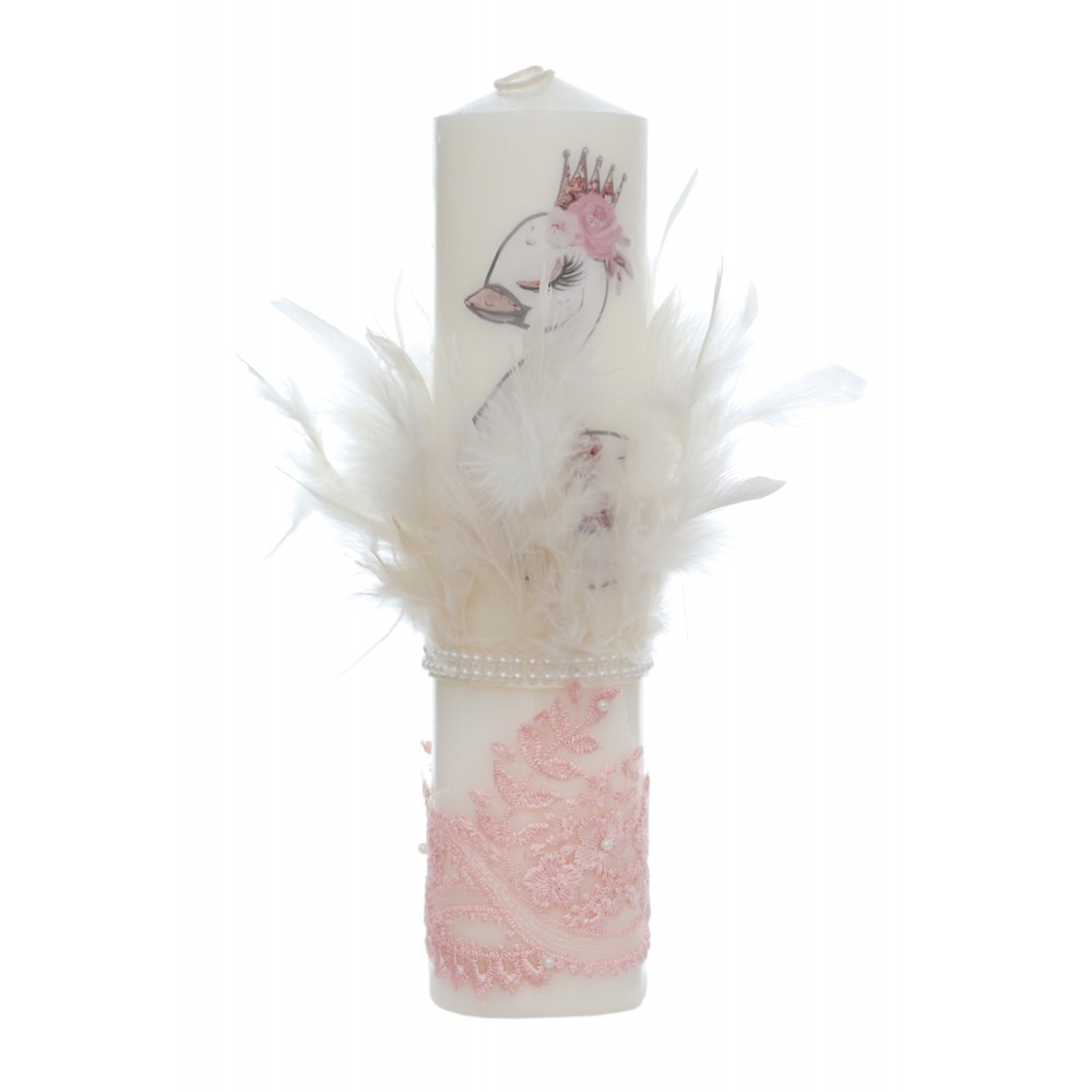 Lumanare botez cu pene, model Lebada, 30x7 cm, roz pudrat,  Recostore®, REC5002/14