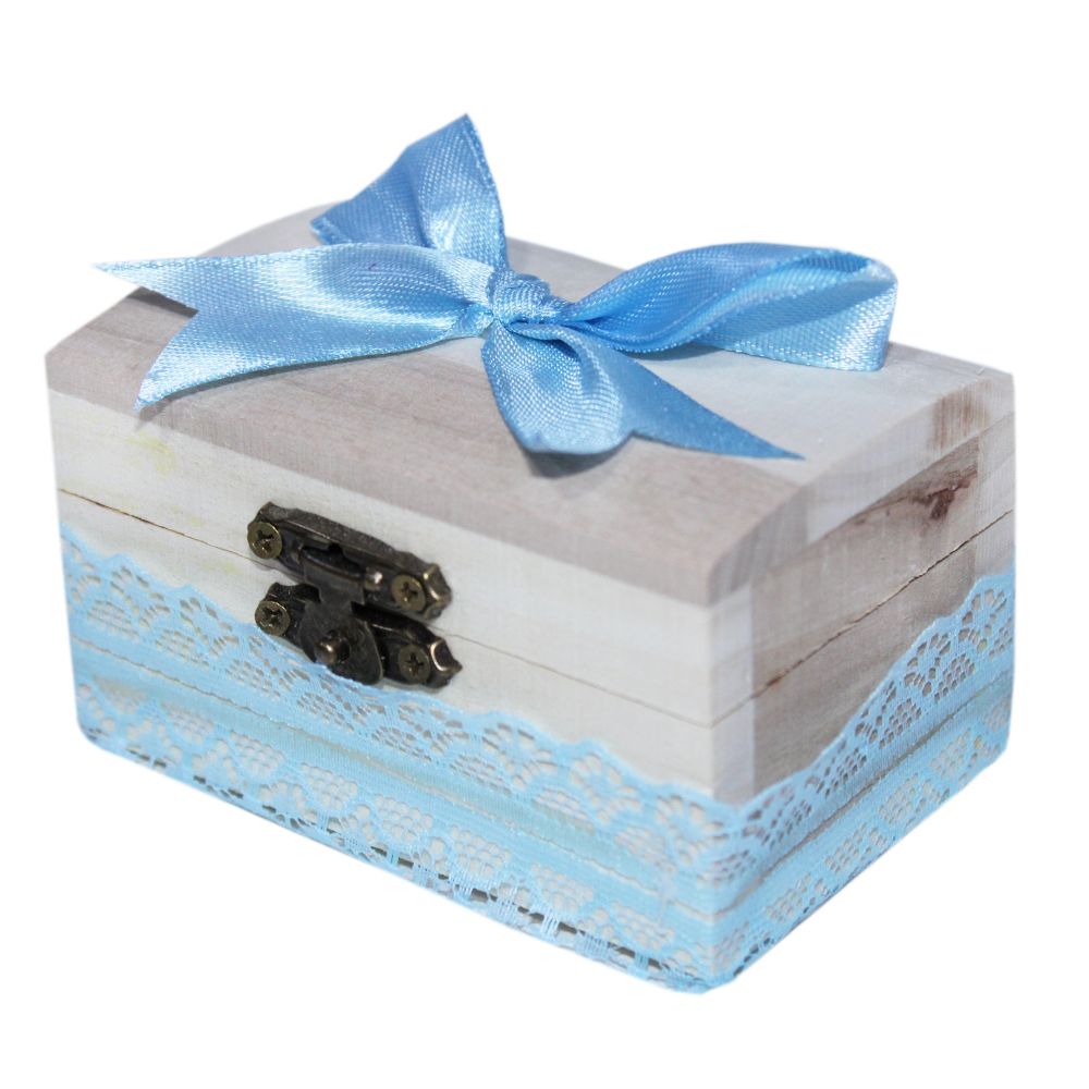 Cutiuta cufar din lemn cu dantela bleu pentru prima suvita a bebelusului, 10x5x5 cm, REC309