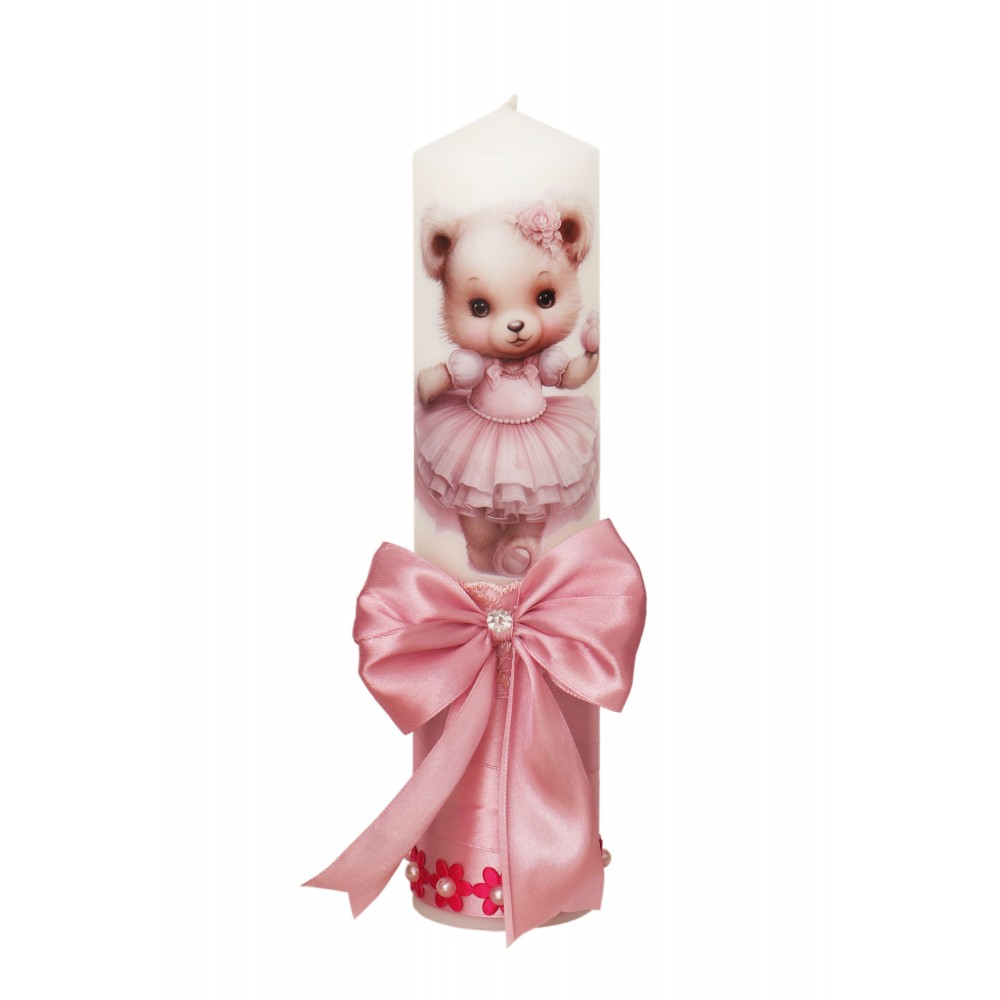 Lumanare botez fete, fete model cu Ursulet, 30x7 cm, roz pudrat,  Recostore®, REC5002/18