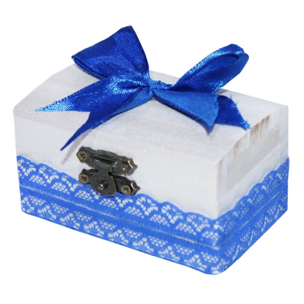 Cutiuta cufar din lemn cu dantela albastra pentru prima suvita a bebelusului, 10x5x5 cm, REC308