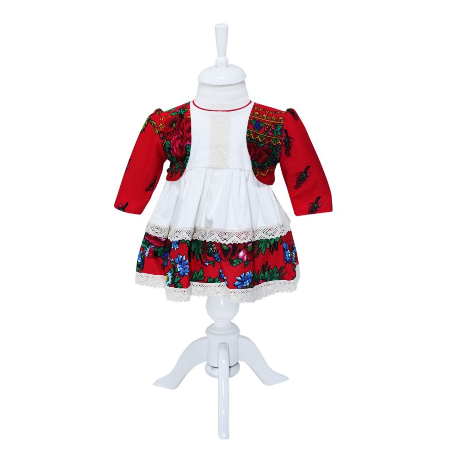Rochie alba stil traditional cu imprimeu floral, 3 piese, rochie, bolero, bentita pentru fetite, REC1177