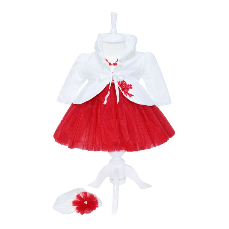 Rochie alb-rosu pentru botez, 4 piese, rochita, bolero, turban, pantaloni pentru fetite, REC1169
