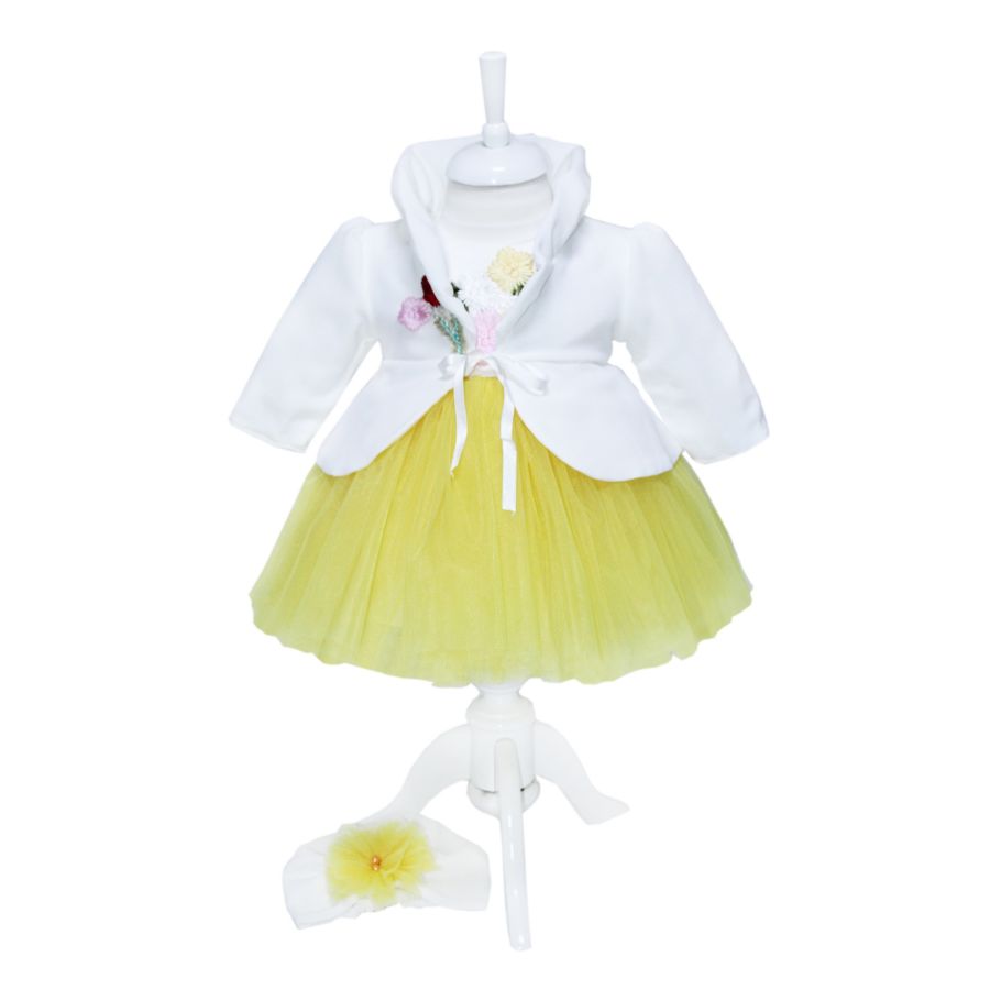 Rochie alb-galben pentru botez, 4 piese, rochita, bolero, turban, pantaloni pentru fetite, REC1166