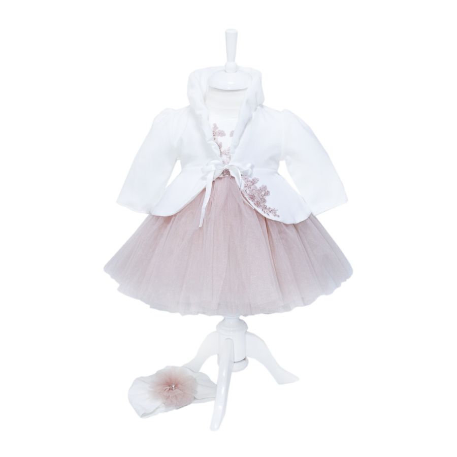 Rochie alb-roz pudrat pentru botez, 4 piese, rochie, bolero, turban, pantaloni pentru fetite, REC1165