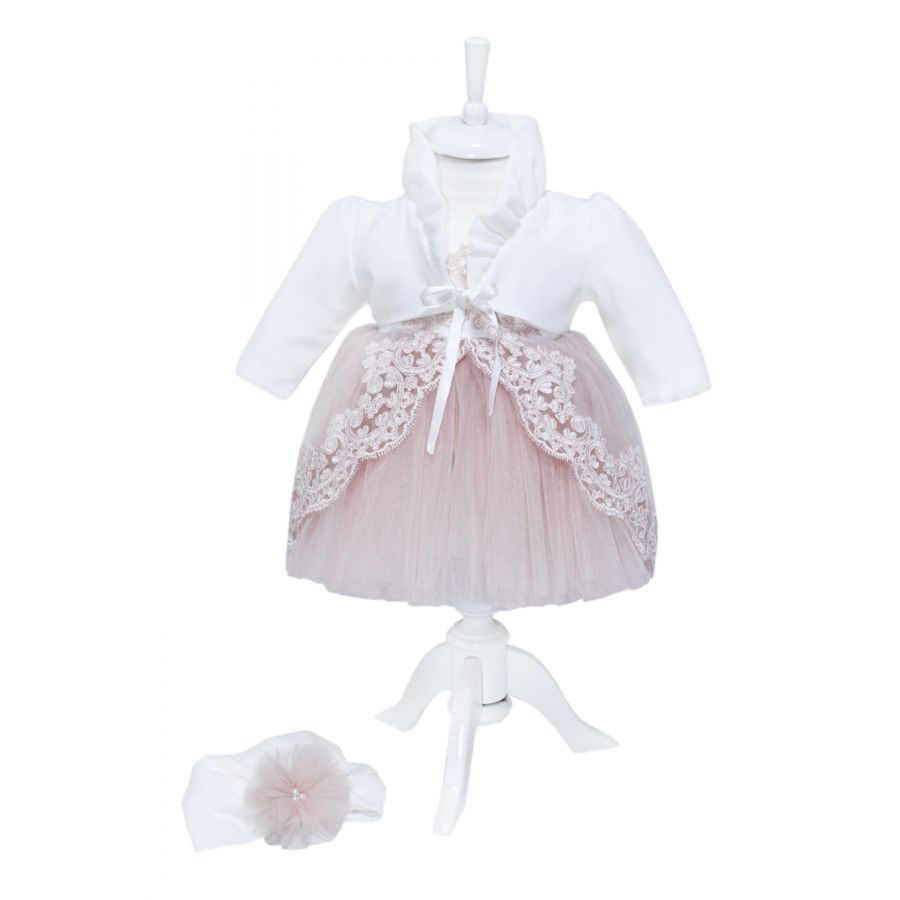 Rochie alb-roz pudrat pentru botez, 4 piese, rochie, bolero, turban, pantaloni pentru fetite, REC1161