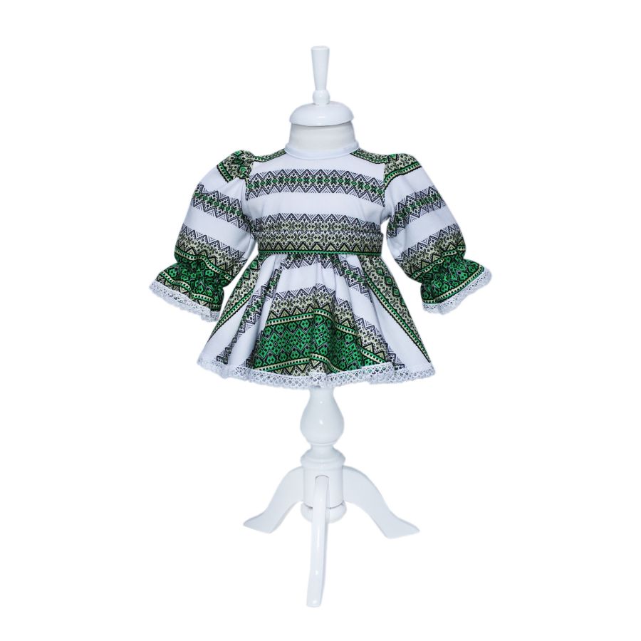 Rochie alba cu imprimeu verde realizata in stil traditional, 2 piese, rochie, brau, pentru fetite, REC1134