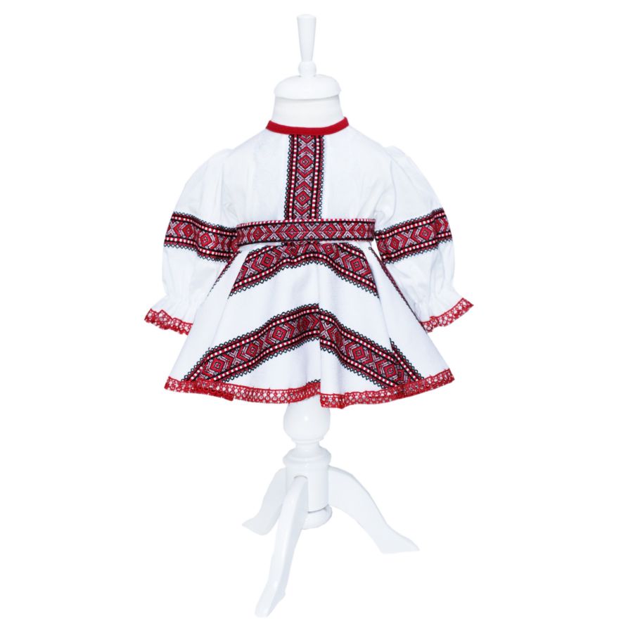 Rochie alba cu imprimeu rosu realizata in stil traditional, 2 piese, rochie, brau, pentru fetite, REC1130
