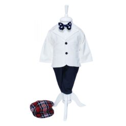 Costum alb-bleumarin pentru botez, 5 piese, camasa, papion, pantaloni cu bretele, sacou, bascuta pentru baieti, REC1139