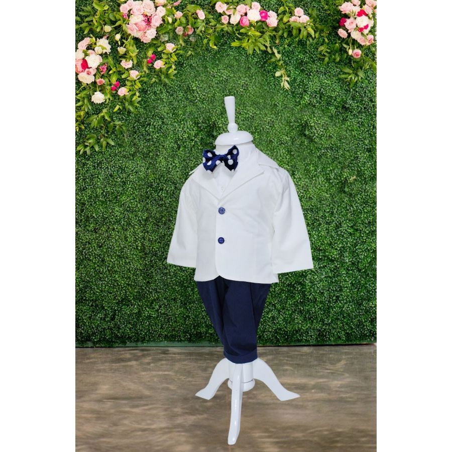 Costum alb-bleumarin pentru botez, 5 piese, camasa, papion, pantaloni cu bretele, sacou, bascuta pentru baieti, REC1139 - imagine 8