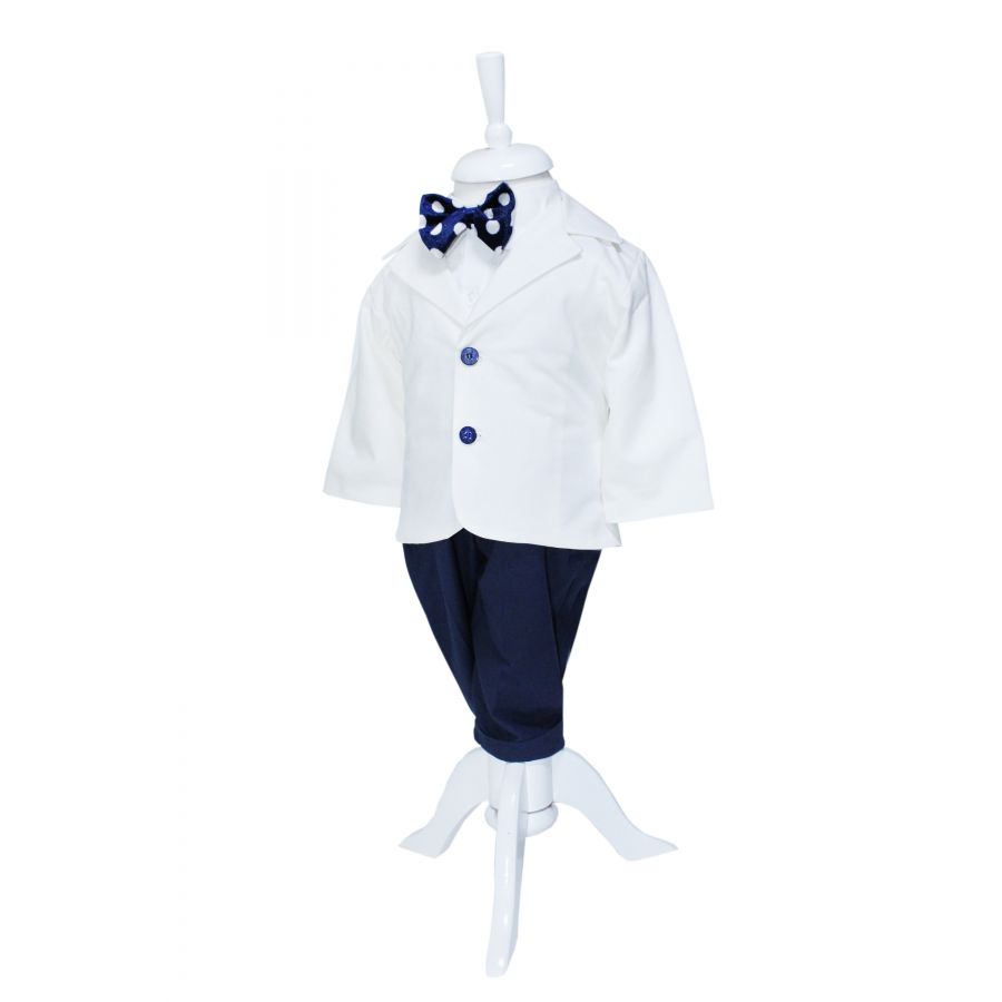 Costum alb-bleumarin pentru botez, 5 piese, camasa, papion, pantaloni cu bretele, sacou, bascuta pentru baieti, REC1139 - imagine 2