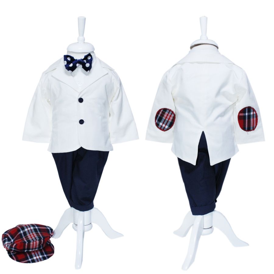 Costum alb-bleumarin pentru botez, 5 piese, camasa, papion, pantaloni cu bretele, sacou, bascuta pentru baieti, REC1139 - imagine 4