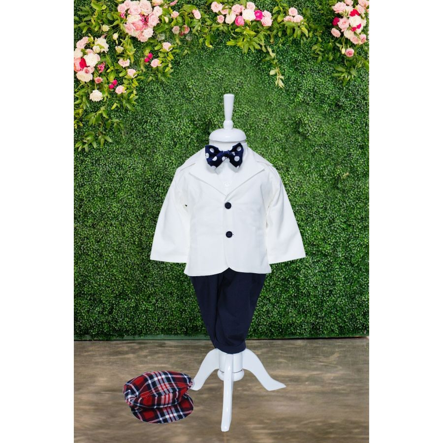 Costum alb-bleumarin pentru botez, 5 piese, camasa, papion, pantaloni cu bretele, sacou, bascuta pentru baieti, REC1139 - imagine 9