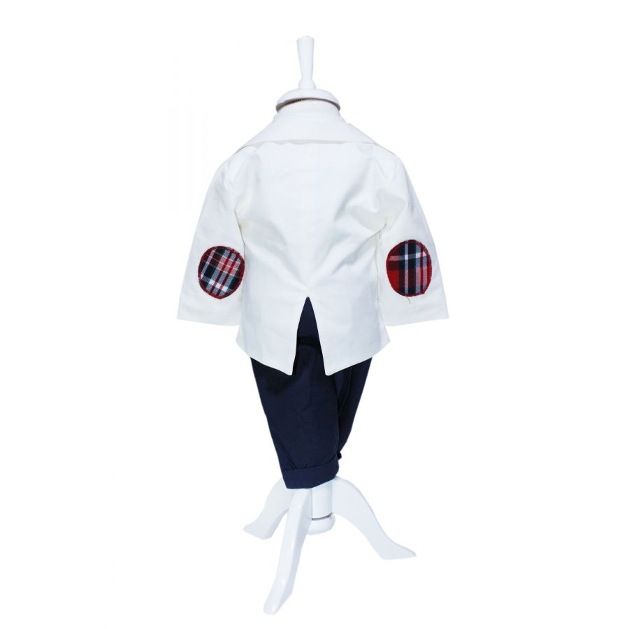 Costum alb-bleumarin pentru botez, 5 piese, camasa, papion, pantaloni cu bretele, sacou, bascuta pentru baieti, REC1139 - imagine 3