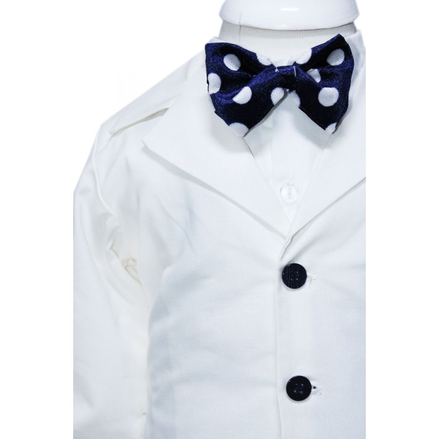 Costum alb-bleumarin pentru botez, 5 piese, camasa, papion, pantaloni cu bretele, sacou, bascuta pentru baieti, REC1139 - imagine 6