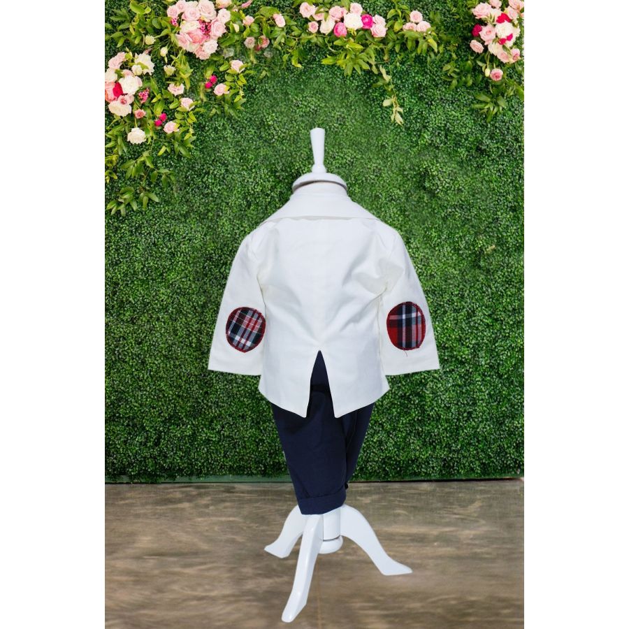Costum alb-bleumarin pentru botez, 5 piese, camasa, papion, pantaloni cu bretele, sacou, bascuta pentru baieti, REC1139 - imagine 10