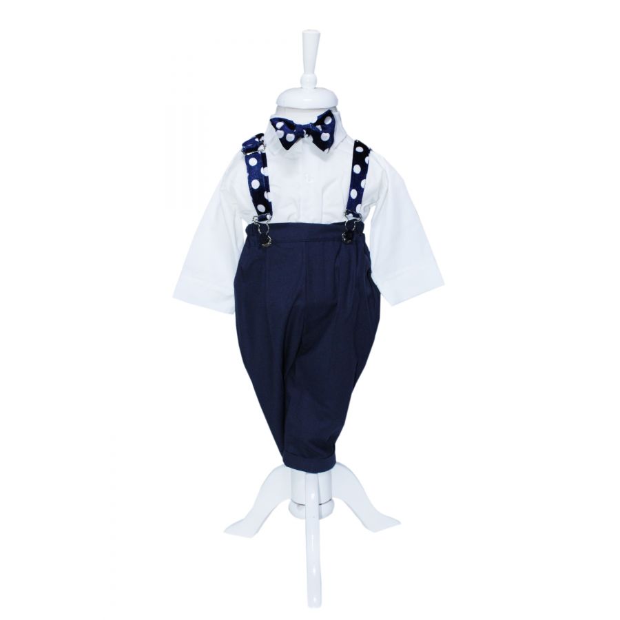 Costum alb-bleumarin pentru botez, 5 piese, camasa, papion, pantaloni cu bretele, sacou, bascuta pentru baieti, REC1139 - imagine 7