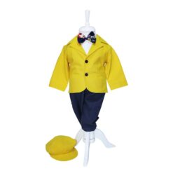 Costum Galben-bleumarin pentru botez, 5 piese, camasa, papion, pantaloni cu bretele, sacou, bascuta pentru baieti, REC1140
