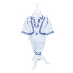 Costum popular, alb-albastru, 4 piese, camasa, vesta, pantaloni, caciula,  pentru baieti, REC1159