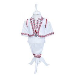 Costum popular alb-rosu, 4 piese, camasa, vesta, pantaloni, caciula, pentru baieti, REC1158