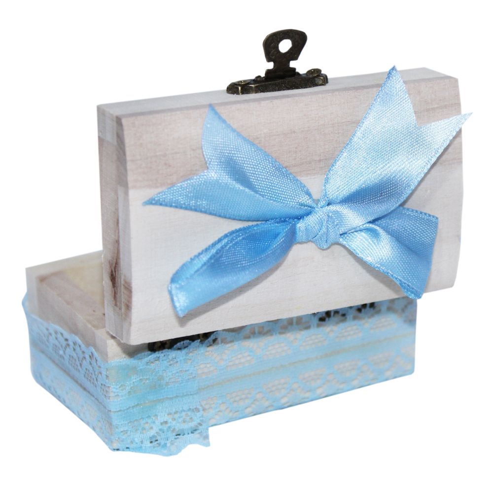 Cutiuta cufar din lemn cu dantela bleu pentru prima suvita a bebelusului, 10x5x5 cm, REC309 - imagine 3