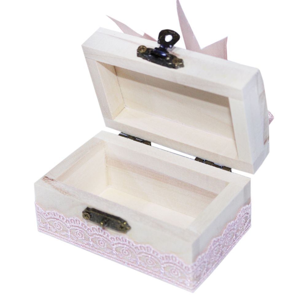 Cutiuta cufar din lemn cu dantela roz pudrat pentru prima suvita a bebelusului, 10x5x5 cm, REC310 - imagine 2