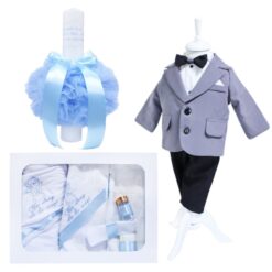 Set complet pentru botez, costum, lumanare si trusou brodat cu mesajul "Cu drag de la nasi", 12 piese, alb-bleu-gri, REC391