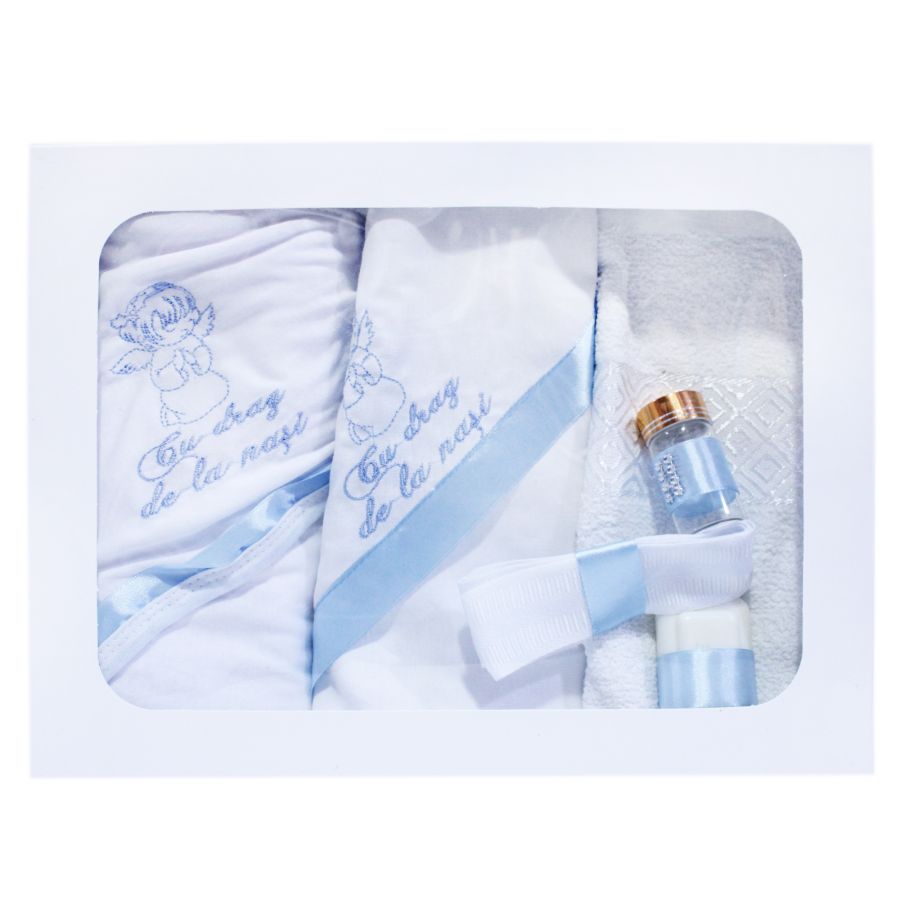 Set complet pentru botez, costum, lumanare si trusou brodat cu mesajul "Cu drag de la nasi", 12 piese, alb-bleu-gri, REC391 - imagine 6