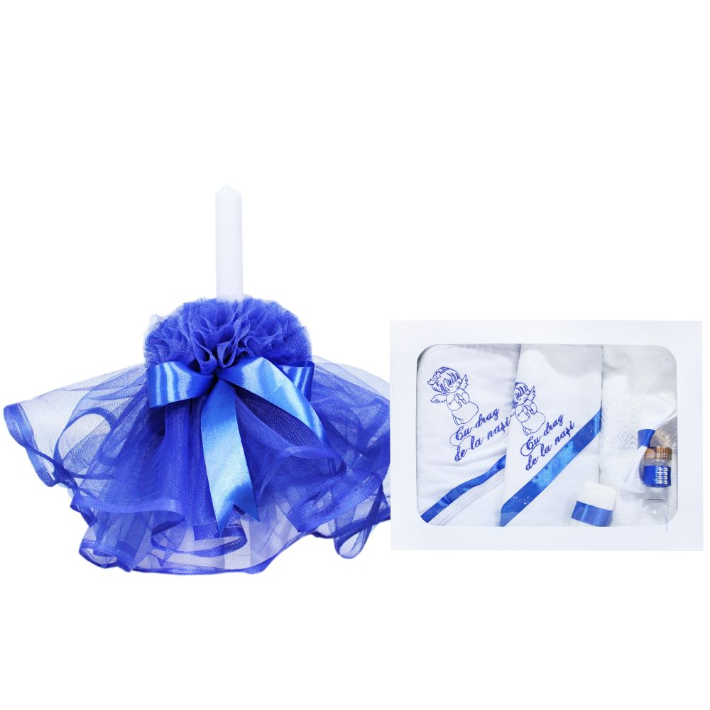 Set complet pentru botez, lumanare si trusou, alb-albastru electric, cu mesaj �Cu drag de la nasi�, 7 piese, REC370