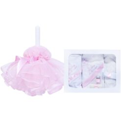 Set complet pentru botez, lumanare si trusou, alb-roz, cu mesaj �Cu drag de la nasi�, 7 piese, REC369