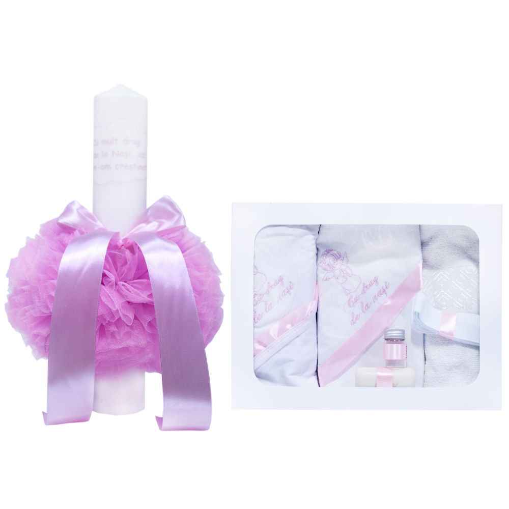Set complet pentru botez, lumanare si trusou, alb-roz, cu mesaj �Cu mult drag de la nasi� pentru botez, 7 piese, REC346