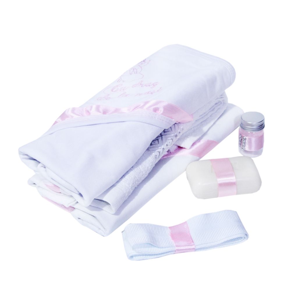Set complet pentru botez, lumanare si trusou, alb-roz, cu mesaj �Cu mult drag de la nasi� pentru botez, 7 piese, REC346 - imagine 6